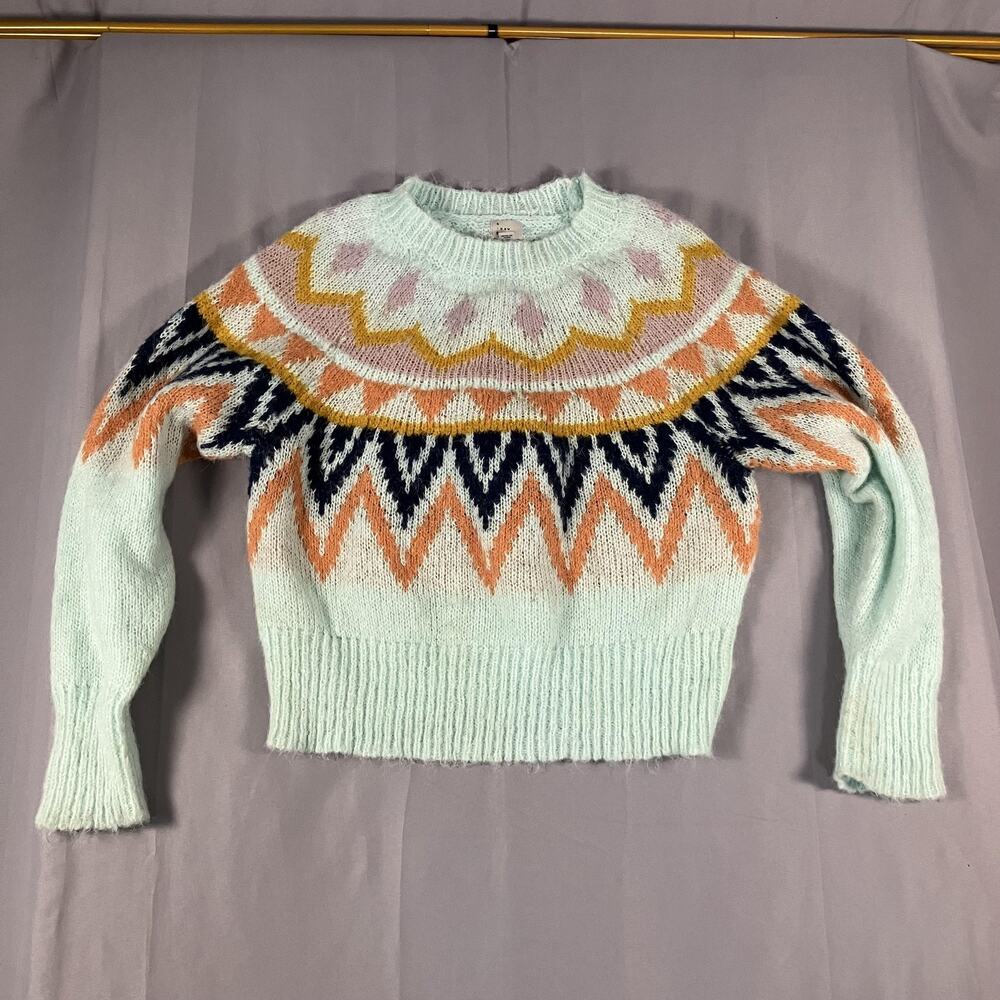A New Day Sweater Womens Medium Mint Green Fair‎ Isle Fuzzy Crewneck Pullover